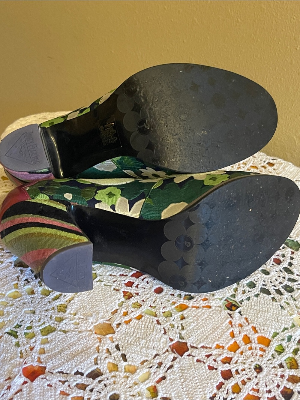 John Fluevog Multicolor Floral Lace-Up Heels with Red Metallic Toe - Picture 7 of 7